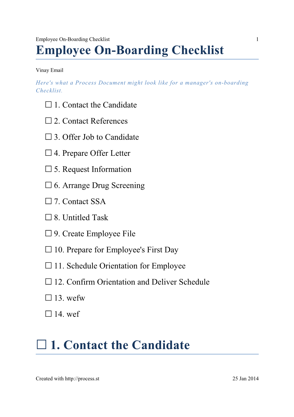 Here's What a Process Document Might Look Like for a Manager's On-Boarding Checklist