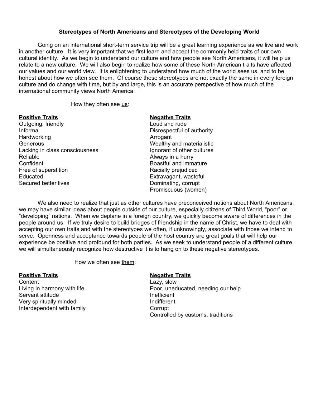 Stereotypes of North Americans and Stereotypes of the Developing World