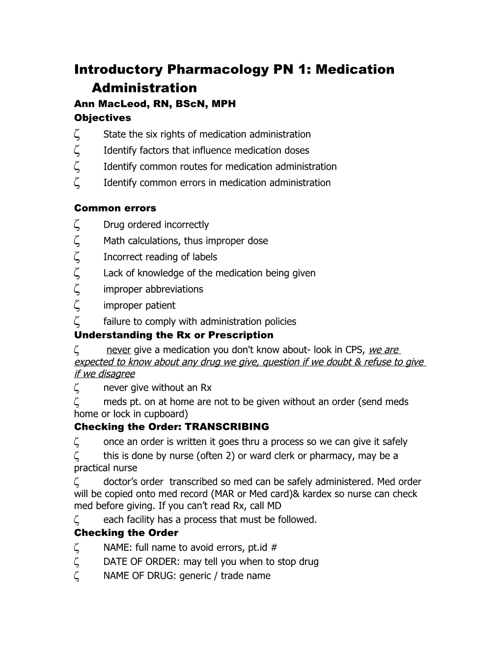 Introductory Pharmacology PN 1: Medication Administration