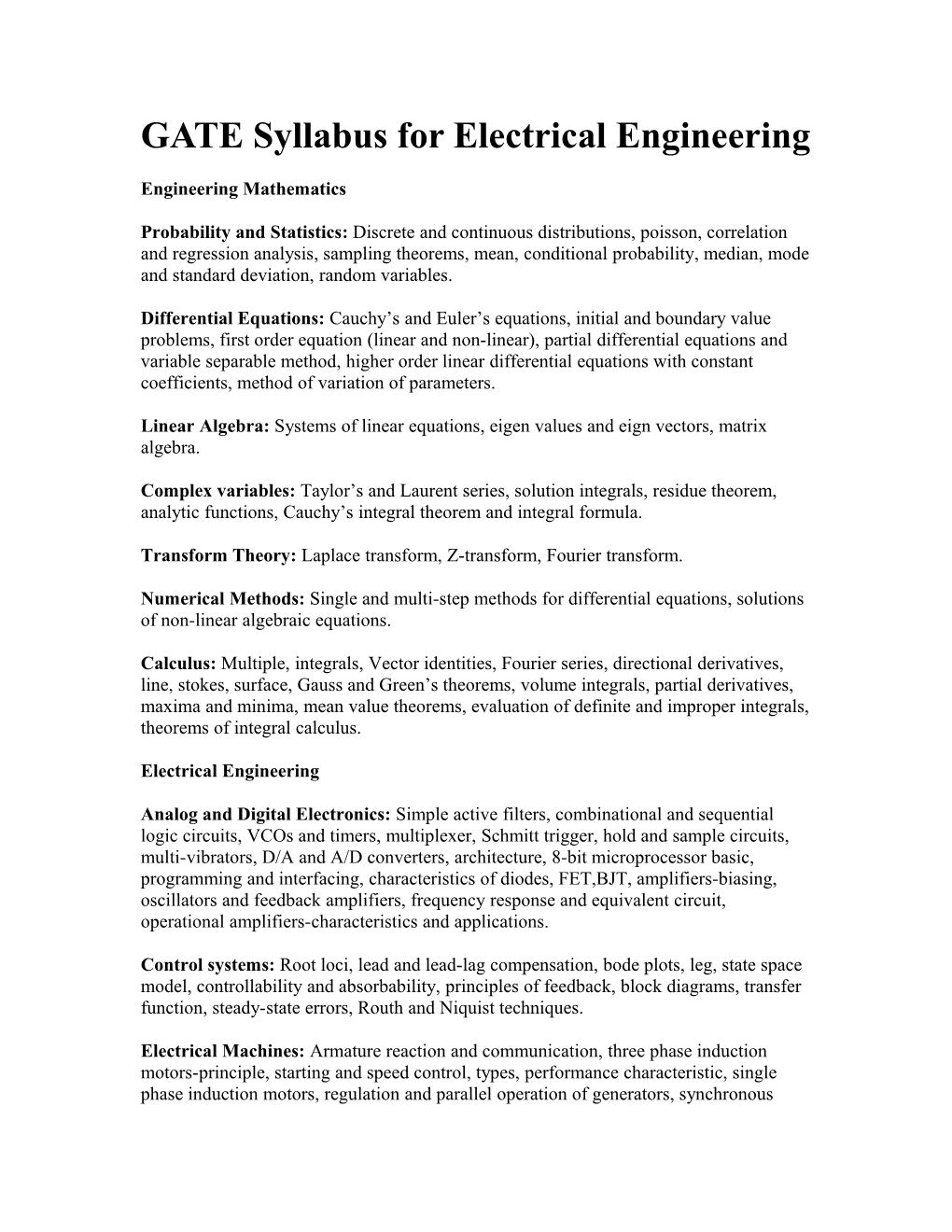 GATE Syllabus for Electrical Engineering