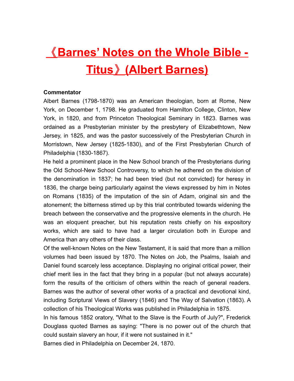 Barnes Notes on the Whole Bible - Titus (Albert Barnes)