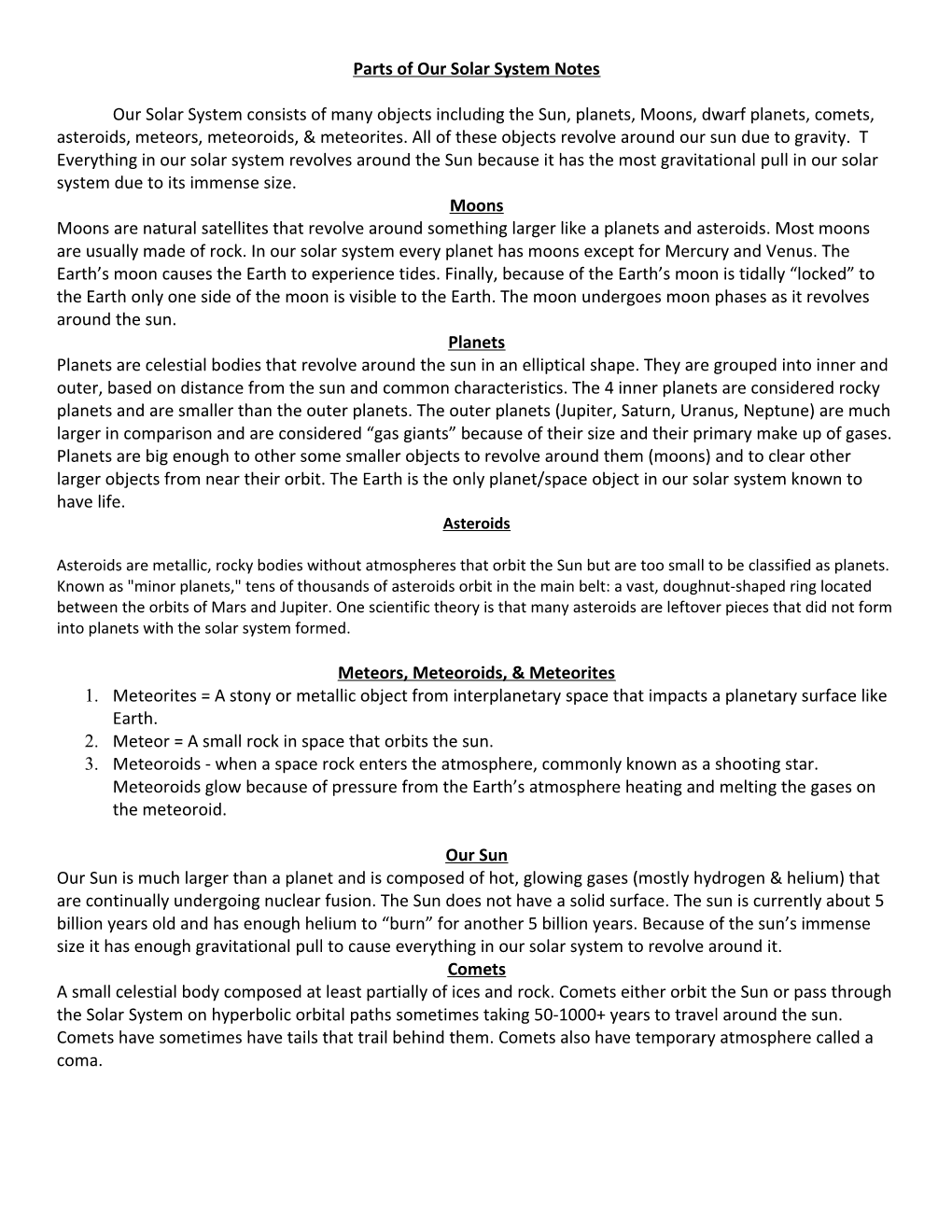 Parts of Our Solar System Notes