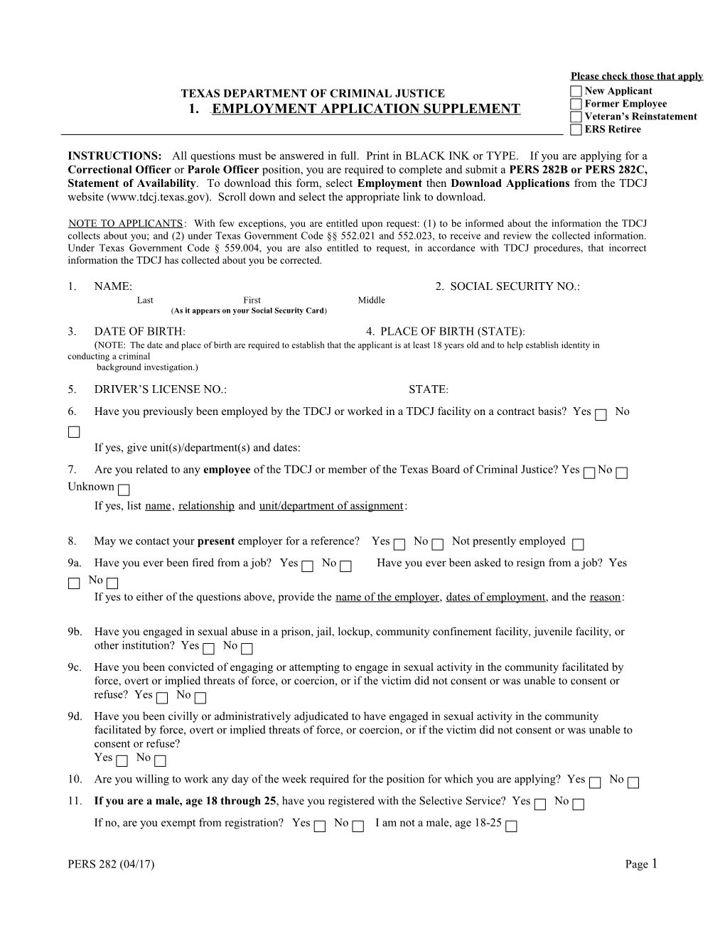 TDCJ Employment Application Supplement