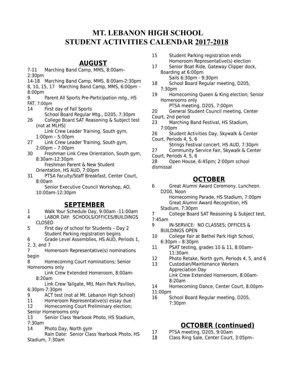 Student Activities Calendar 2017-2018