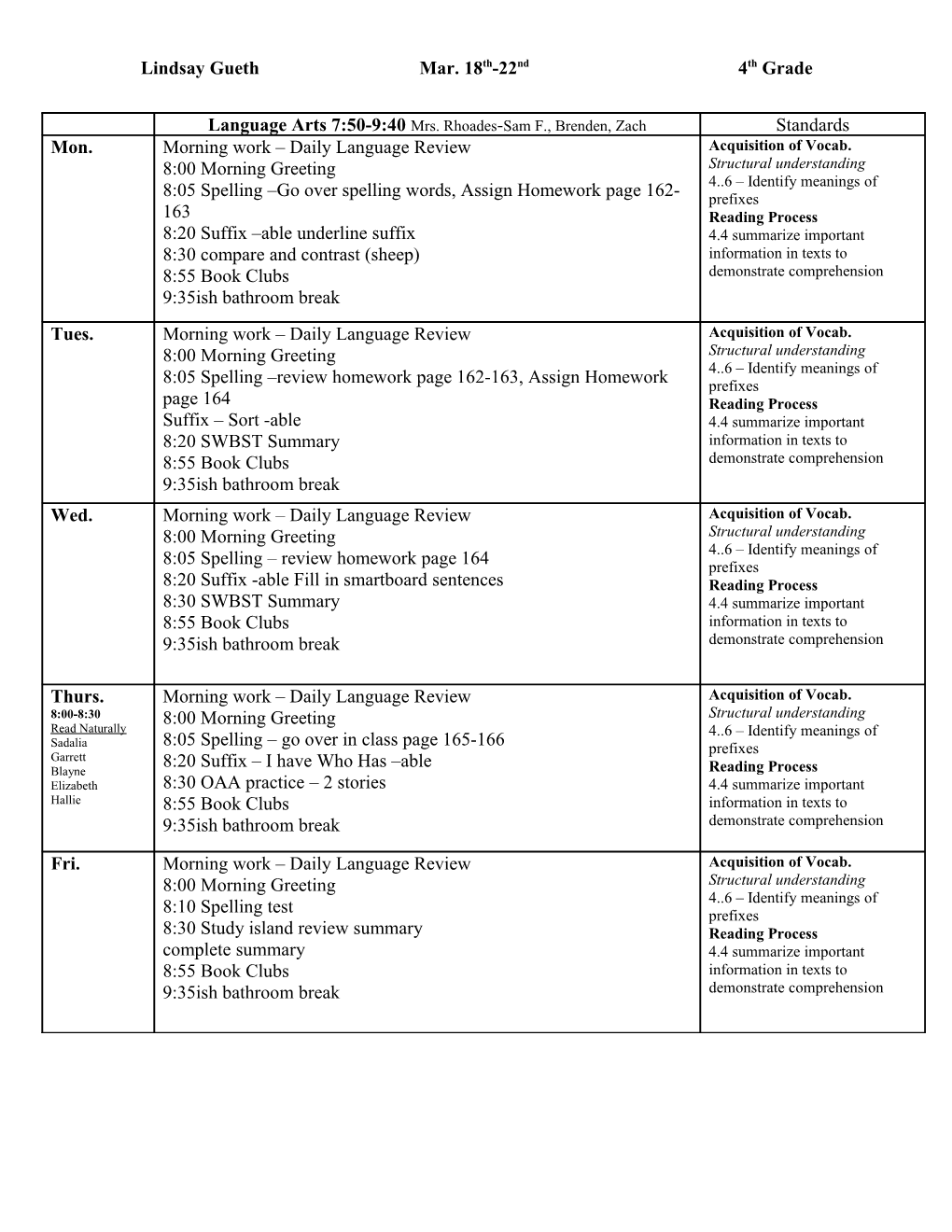 Language Arts 7:50-9:40 Mrs