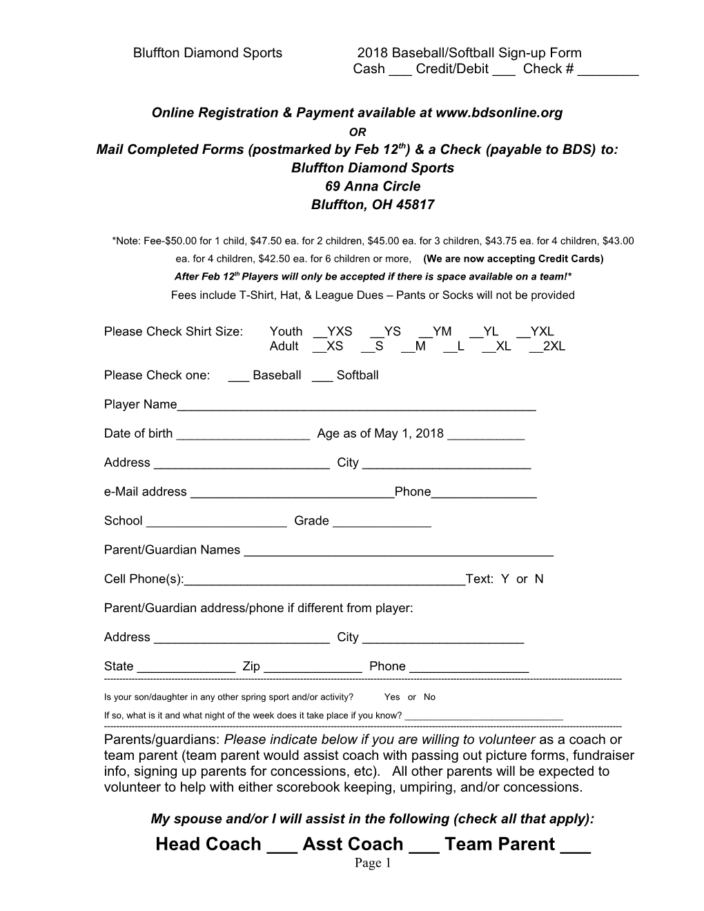 Bluffton Diamond Sports 2018 Baseball/Softball Sign-Up Form