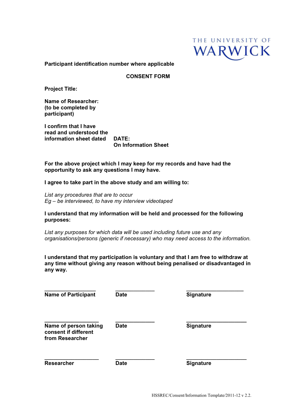 Participant Identification Number Where Applicable