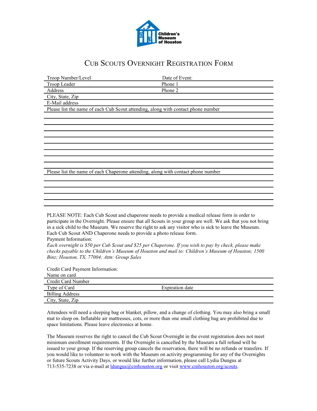 Cubscouts Overnight Registration Form