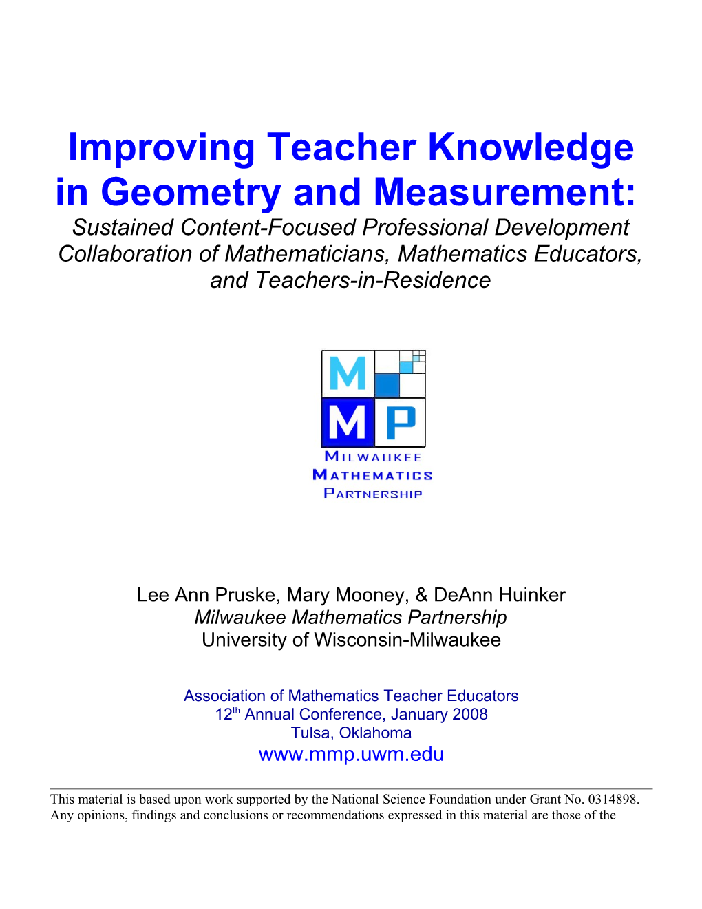 Improving Teacher Knowledge in Geometry and Measurement