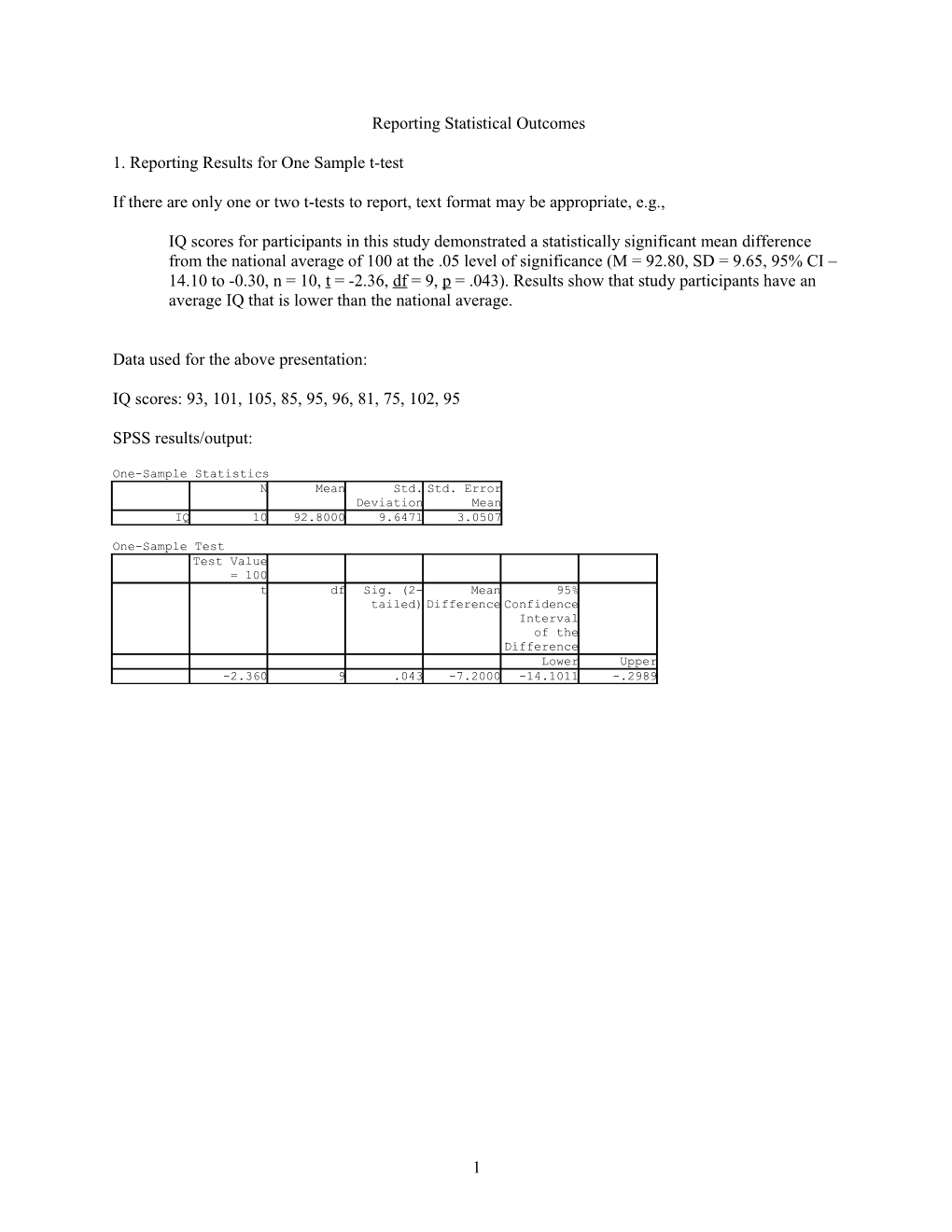 1. Reporting Results for One Sample T-Test