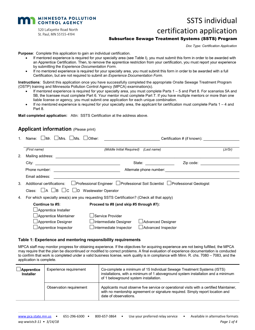 SSTS Individual Certification Application - Subsurface Sewage Treatment Systems (SSTS) Program