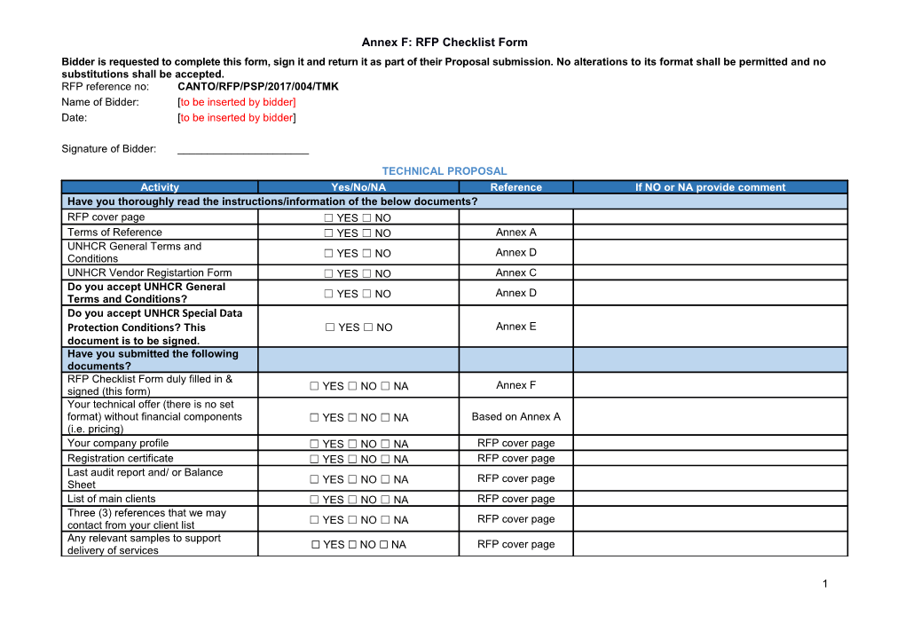 Annex F: RFP Checklist Form