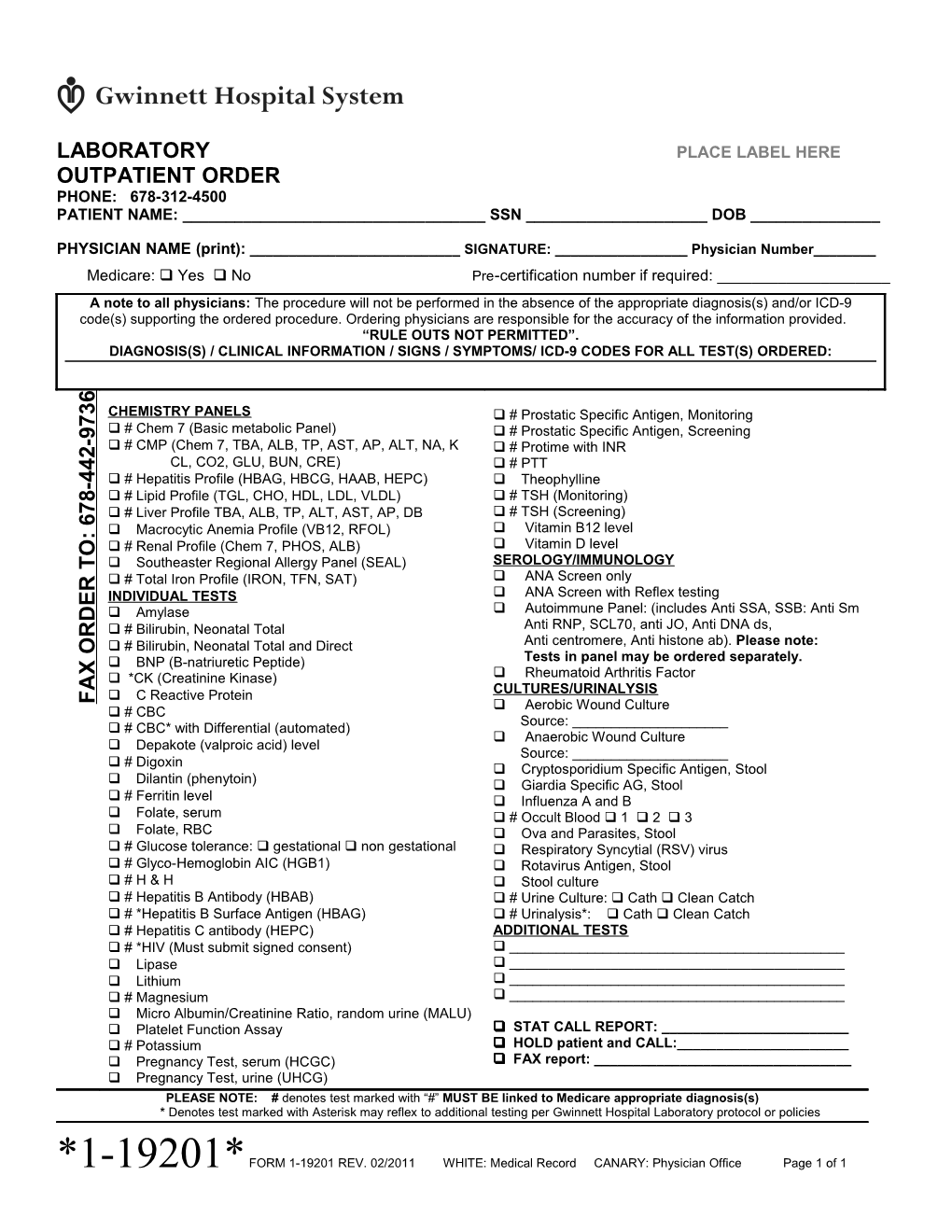 Laboratory Outpatient Order