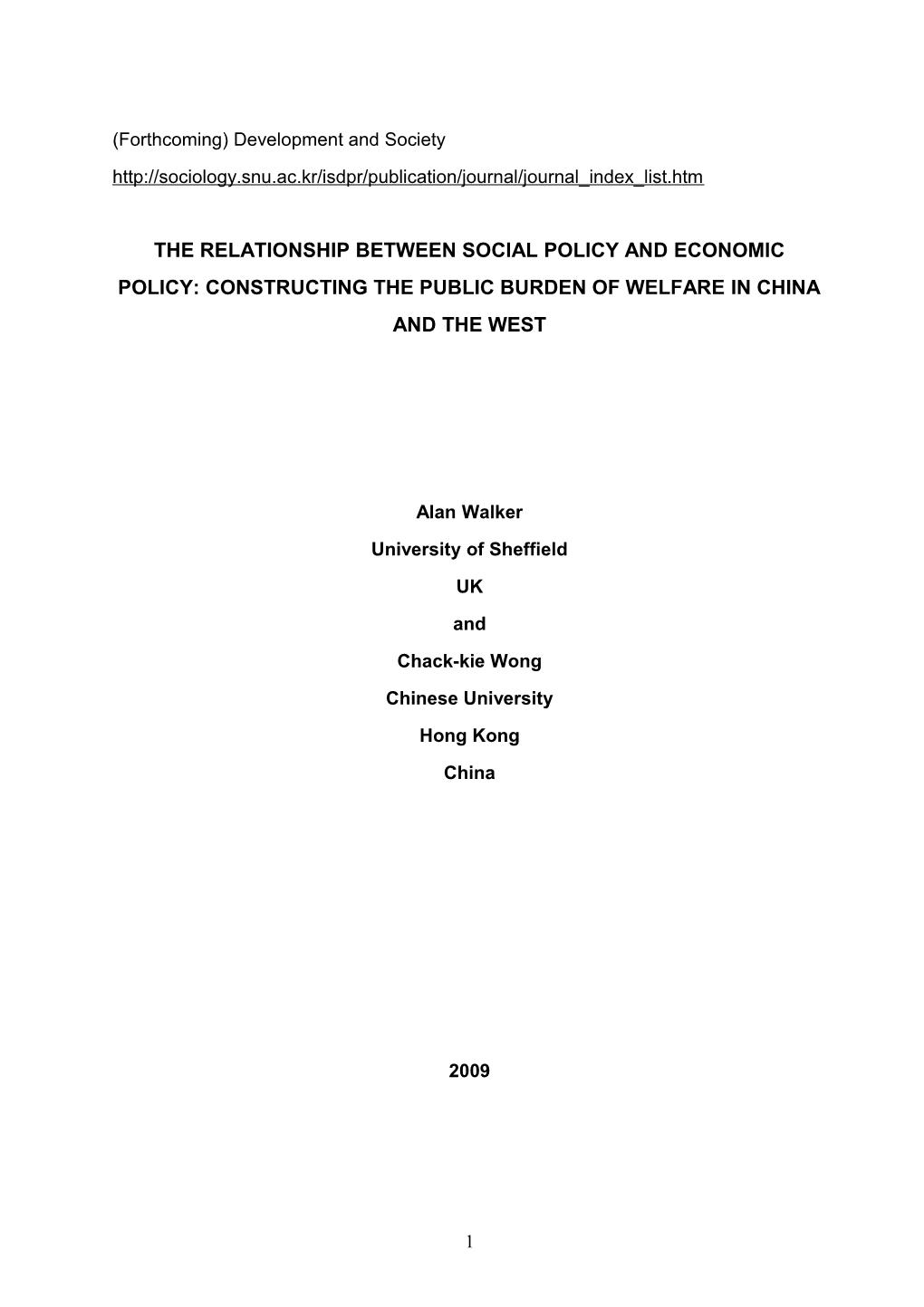 The Relationship Between Social Policy and Economic Policy: Constructing the Public Burden