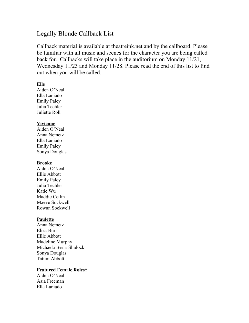 Legally Blonde Callback List