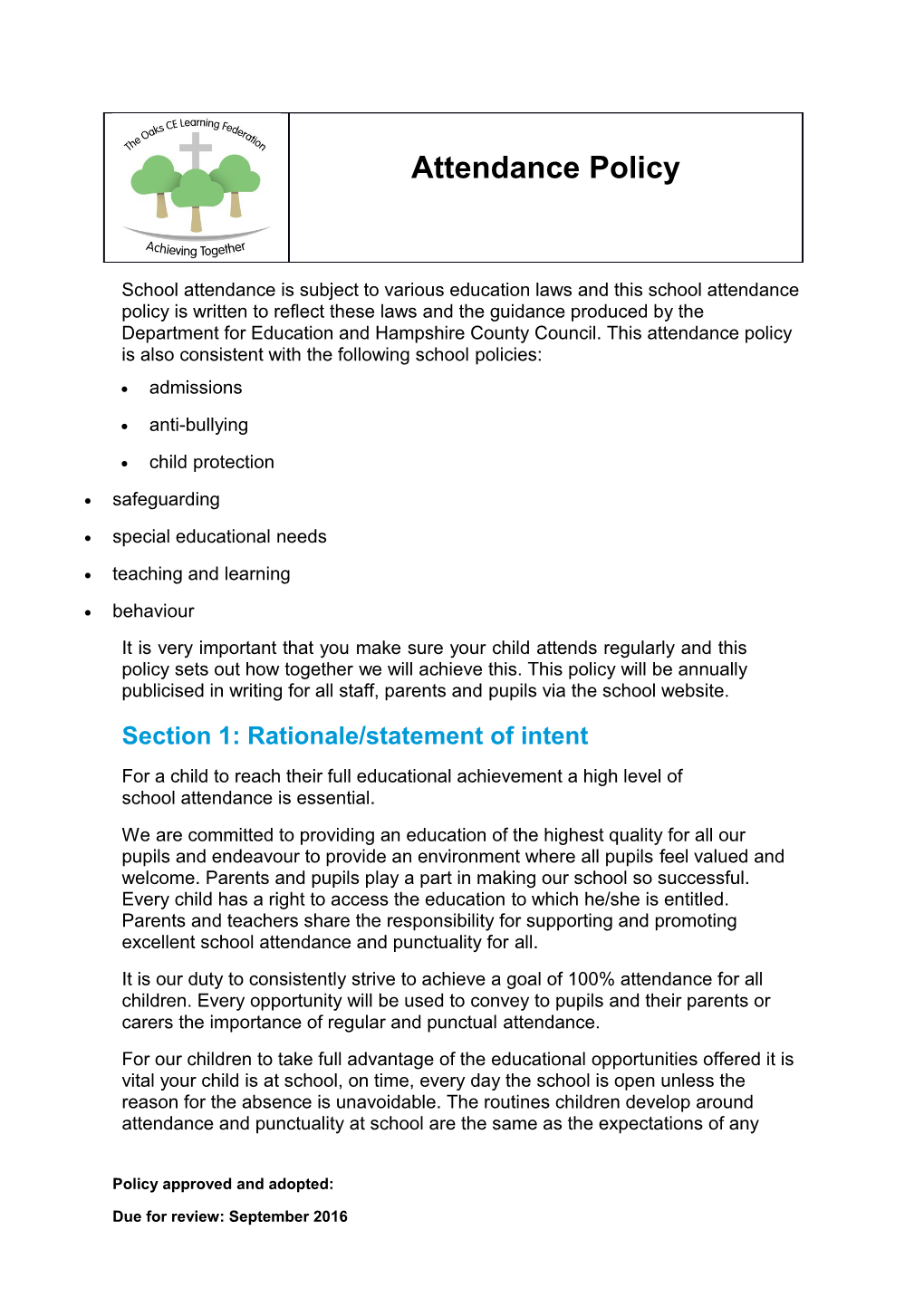 Model Attendance Policy for Schools, Academies and Education Centres (HF000009881163)