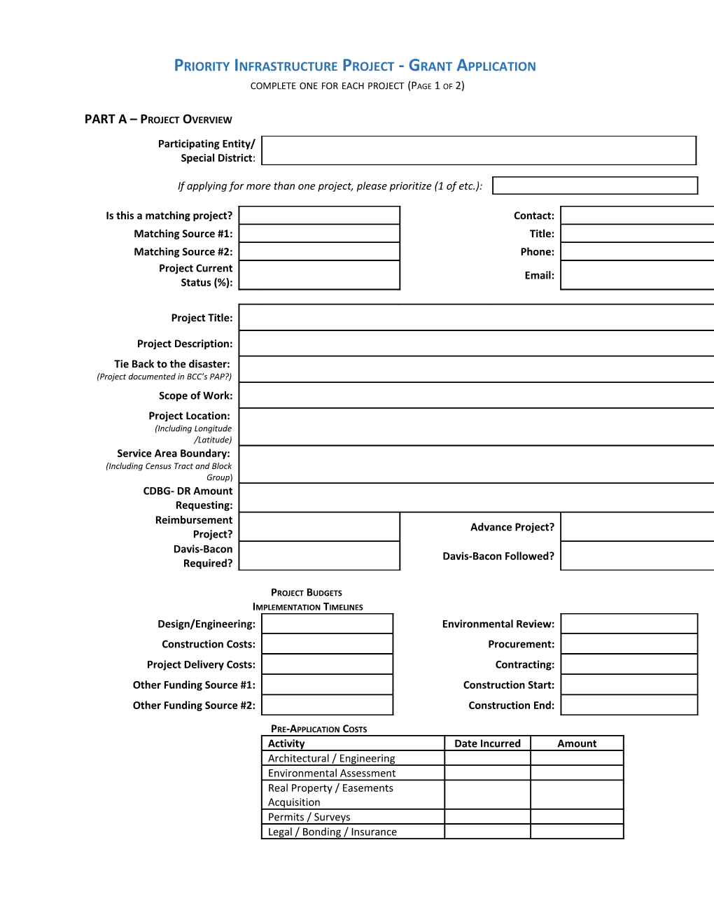 Priority Infrastructure Project - Grant Application