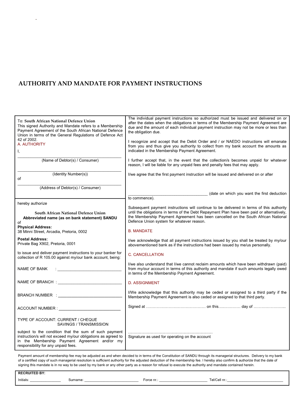 Authority and Mandate for Payment Instructions