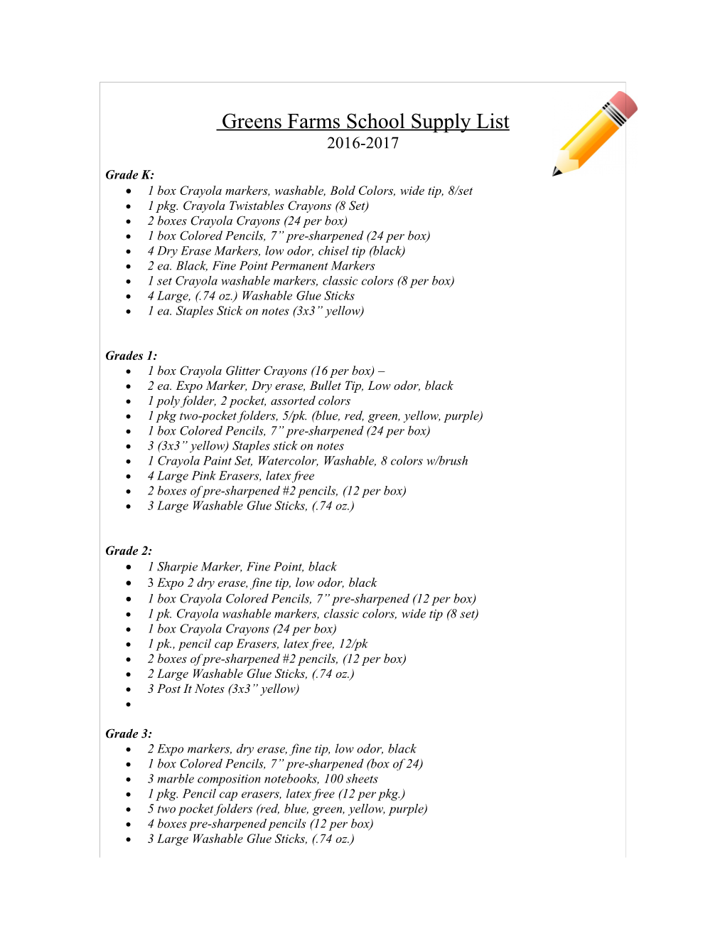 Greens Farms School Supply List