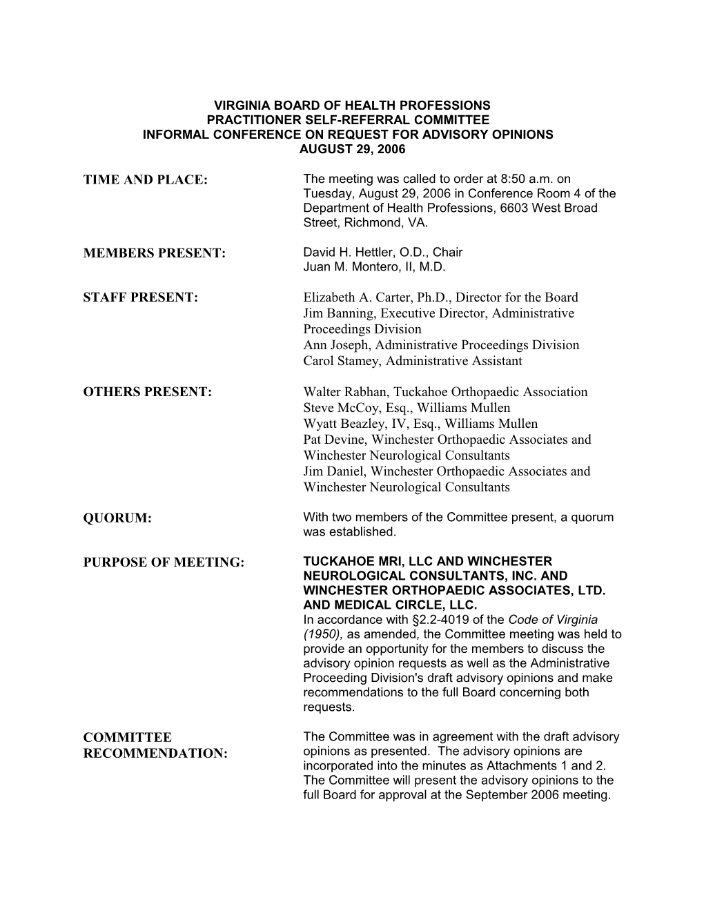 Board of Health Professions Minutes August 2006