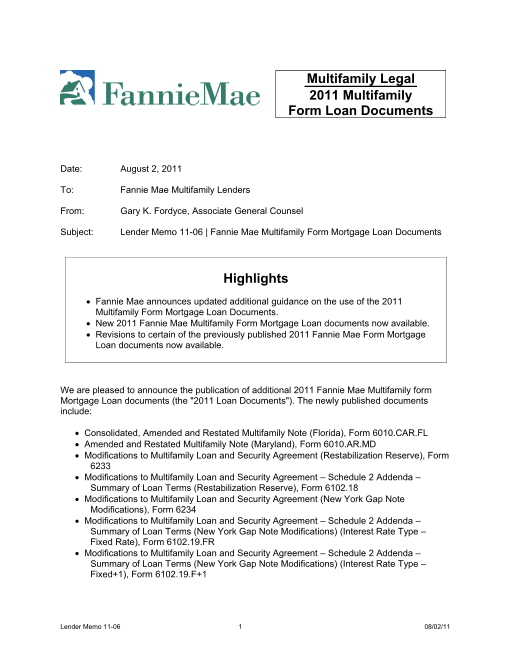 Multifamily Lender Memo 11-06