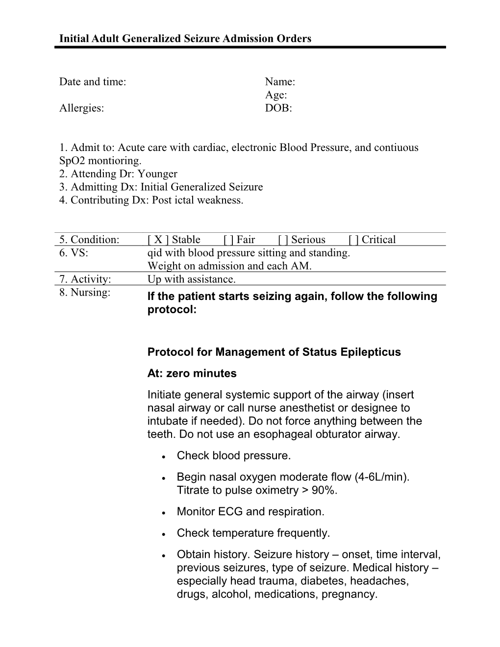 Initial Adult Generalized Seizureadmission Orders