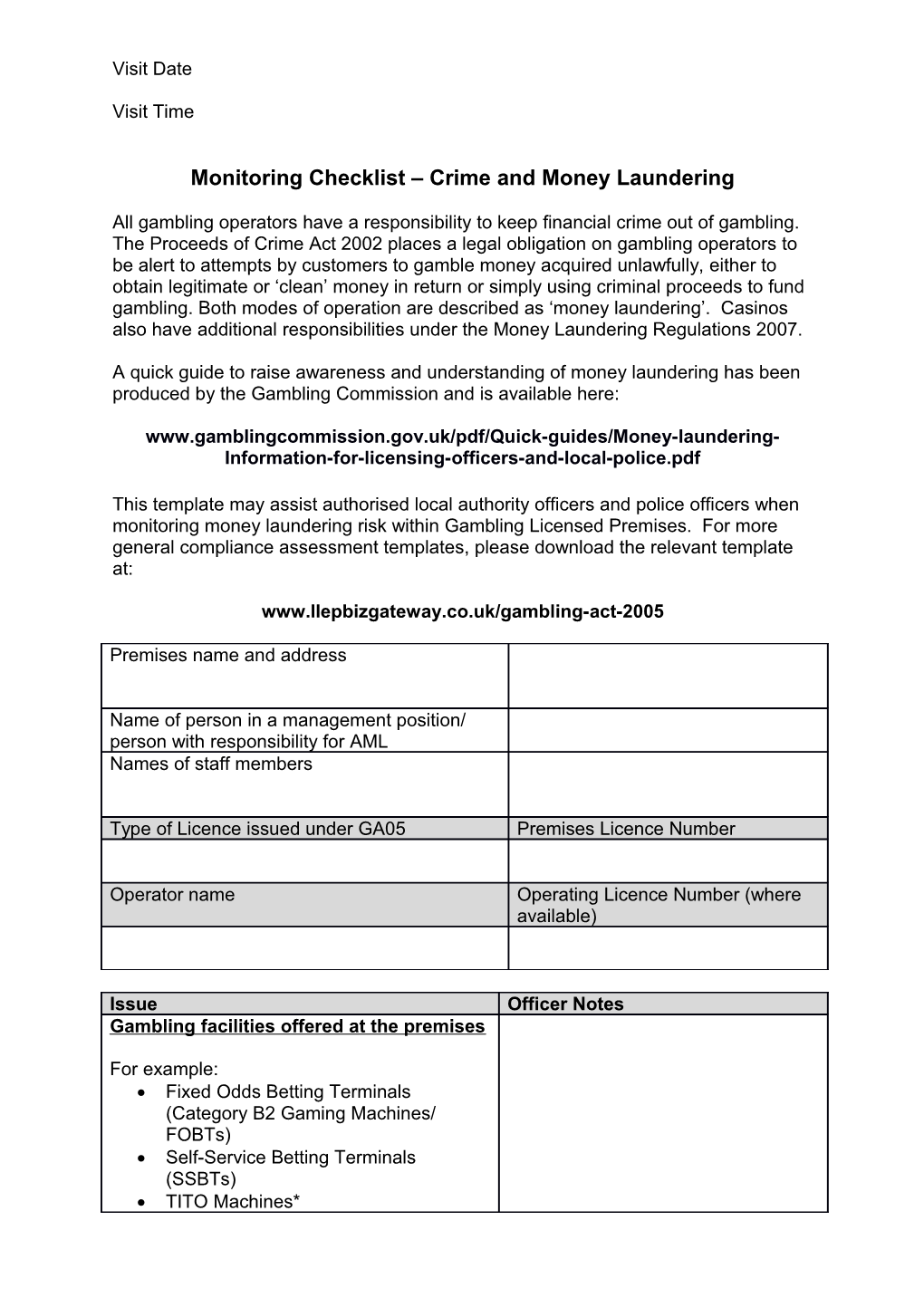 Monitoring Checklist Crime and Money Laundering