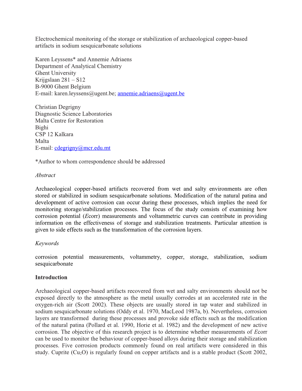 Electrochemical Monitoring of the Storage Or Stabilization of Archaeological Copper-Based