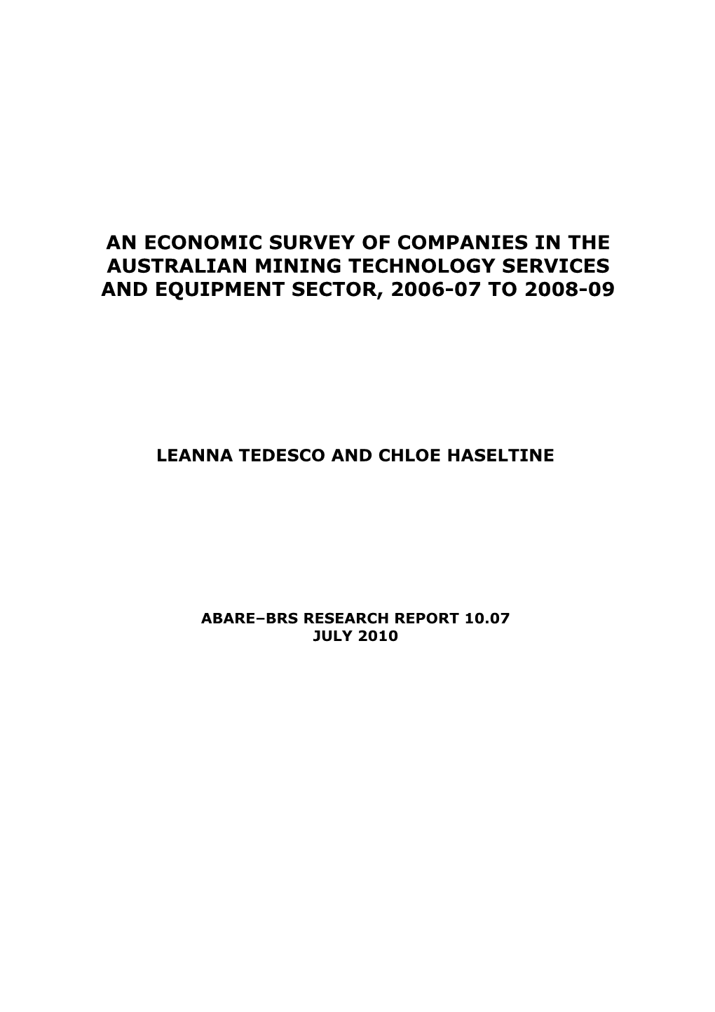An Economic Survey of Companies in the Australian Mining Technology Services and Equipment