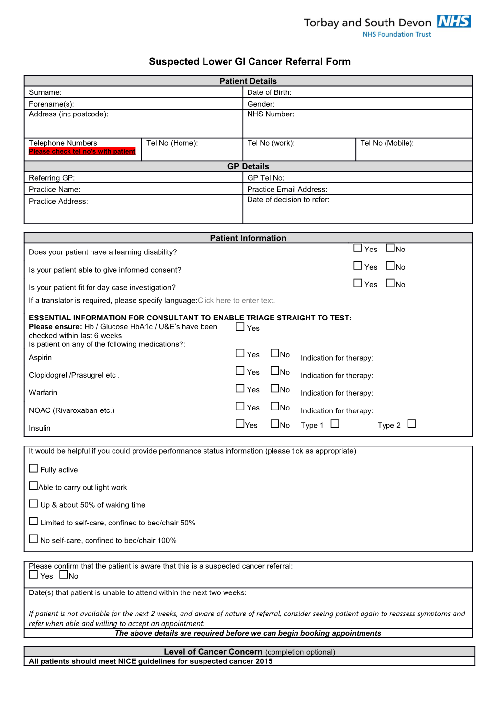 Suspected Lower GI Cancer Referral Form