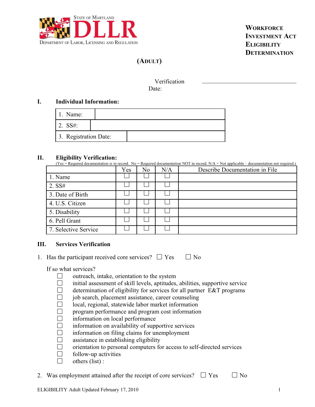 Eligibility Determination for the Adult Program