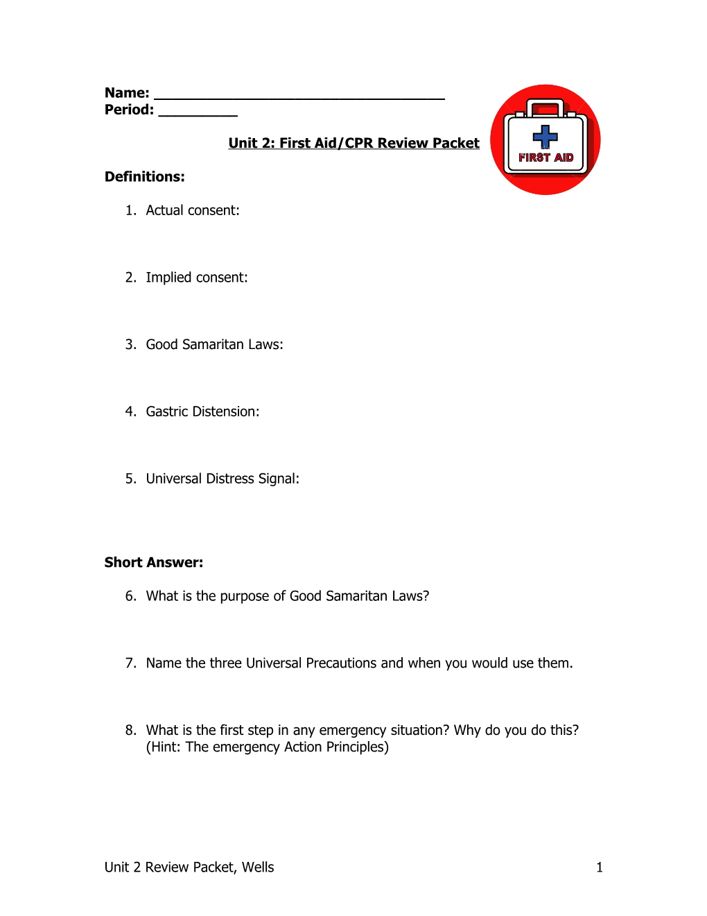 Unit 2: First Aid/CPR Review Packet