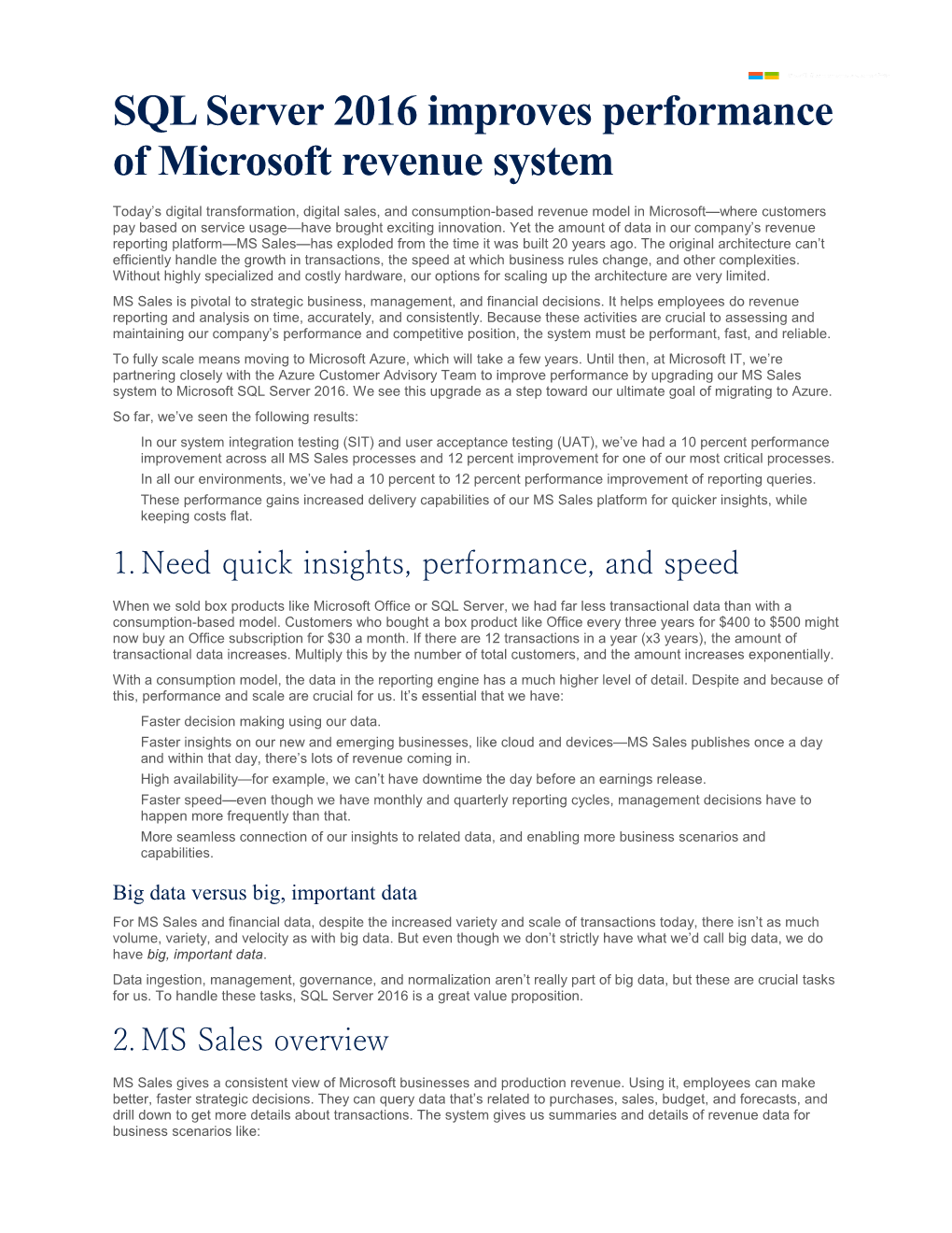 SQL Server 2016 Improves Performance of Microsoft Revenue System