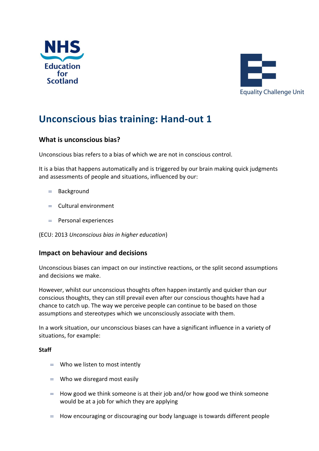 Unconscious Bias Training: Hand-Out 1