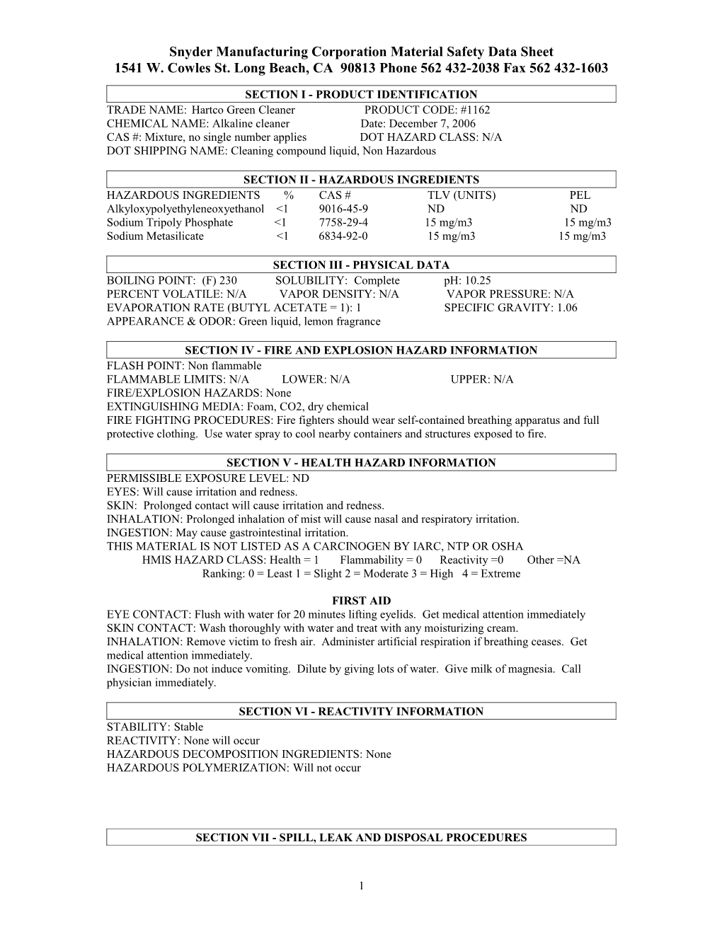 Snyder Manufacturing Corporation Material Safety Data Sheet