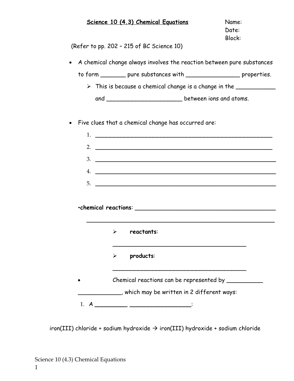 Science 10 (4.3)Chemical Equations Name