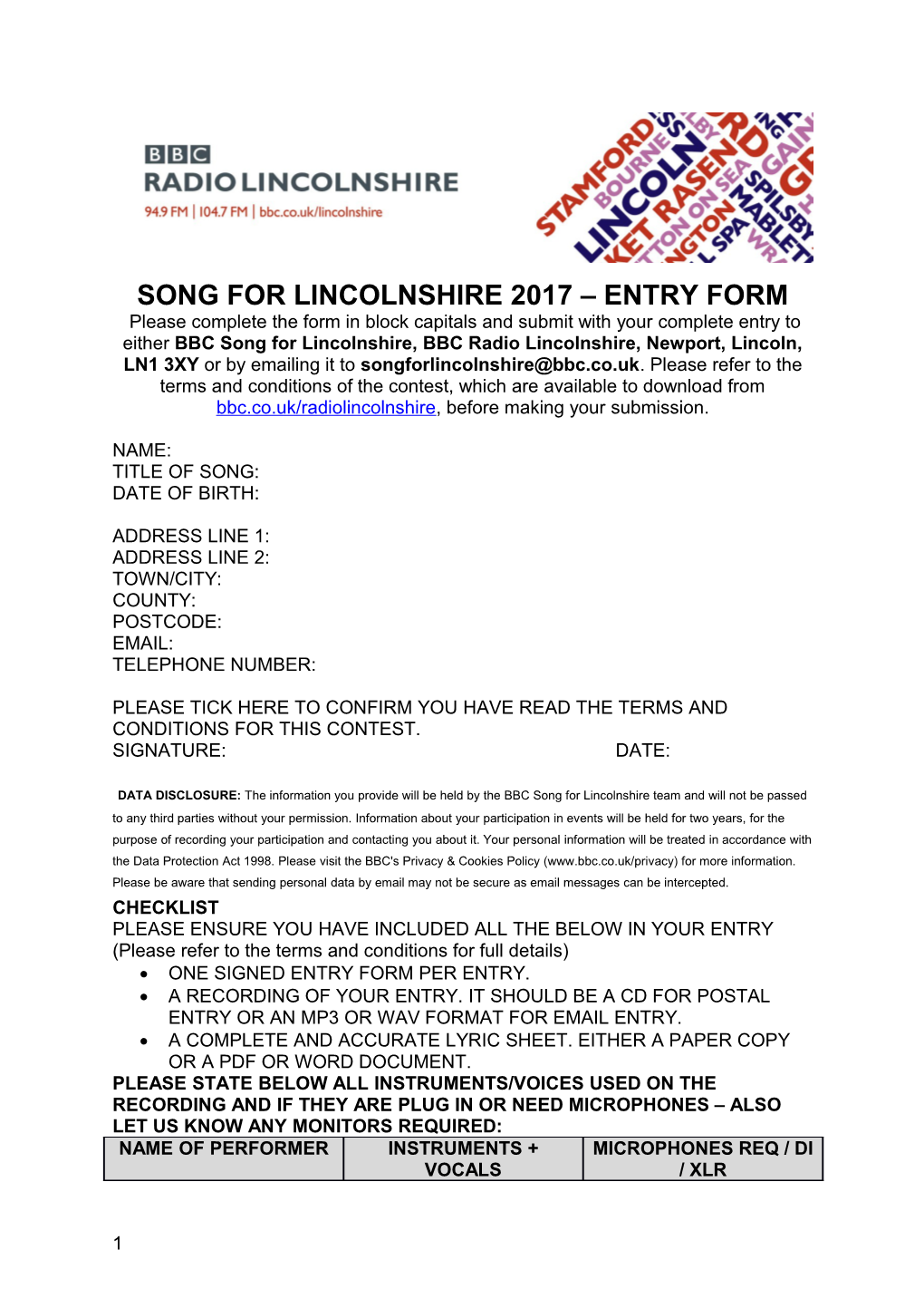 Song for Lincolnshire 2017 Entry Form