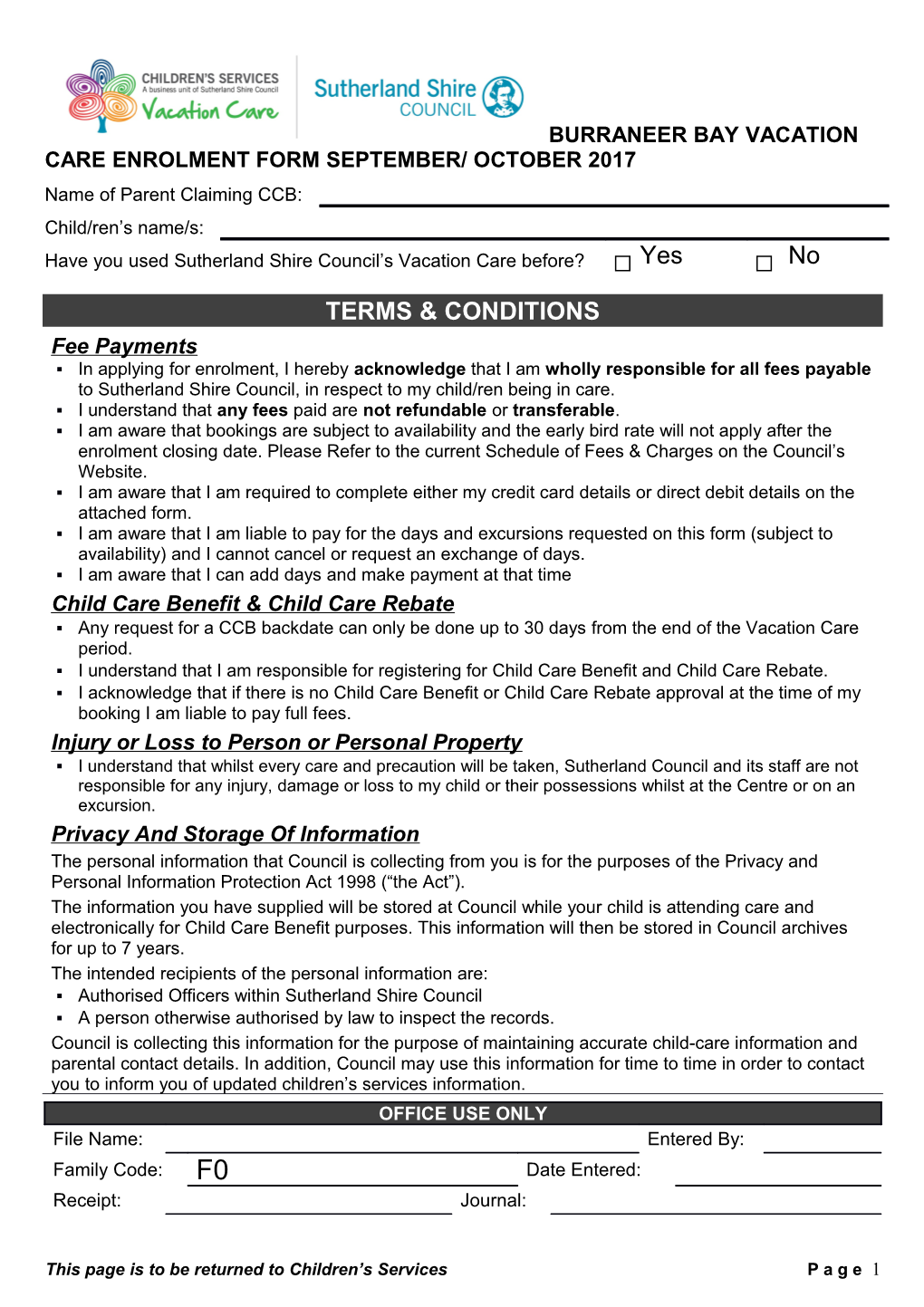 Burraneer Bay Vacation Care Enrolment Form September/October 2017