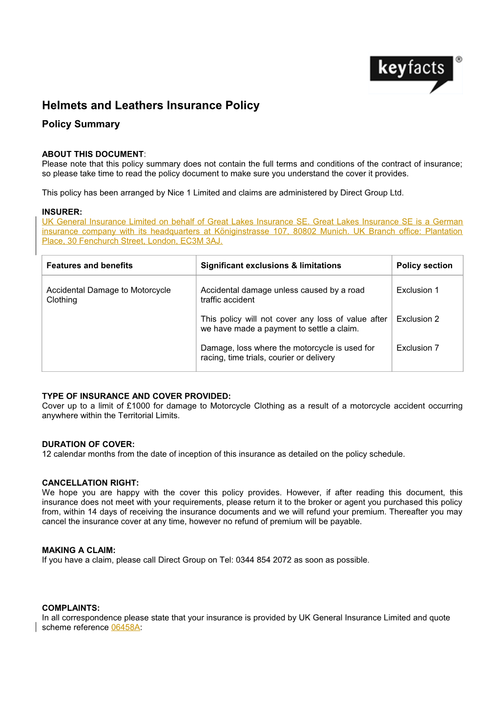 Helmets and Leathersinsurance Policy Policy Summary