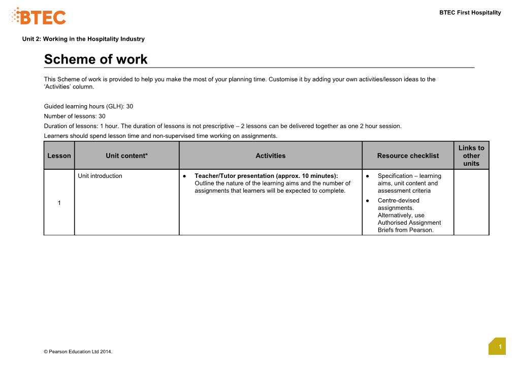 Unit 2: Working in the Hospitality Industry - Scheme of Work (Version 2 Sept 14)