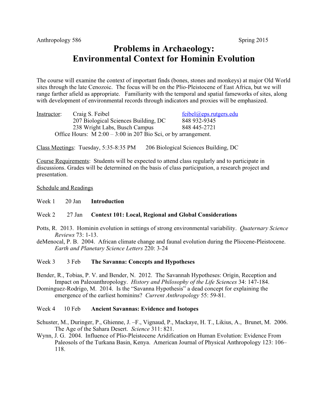 Environmental Context for Hominin Evolution