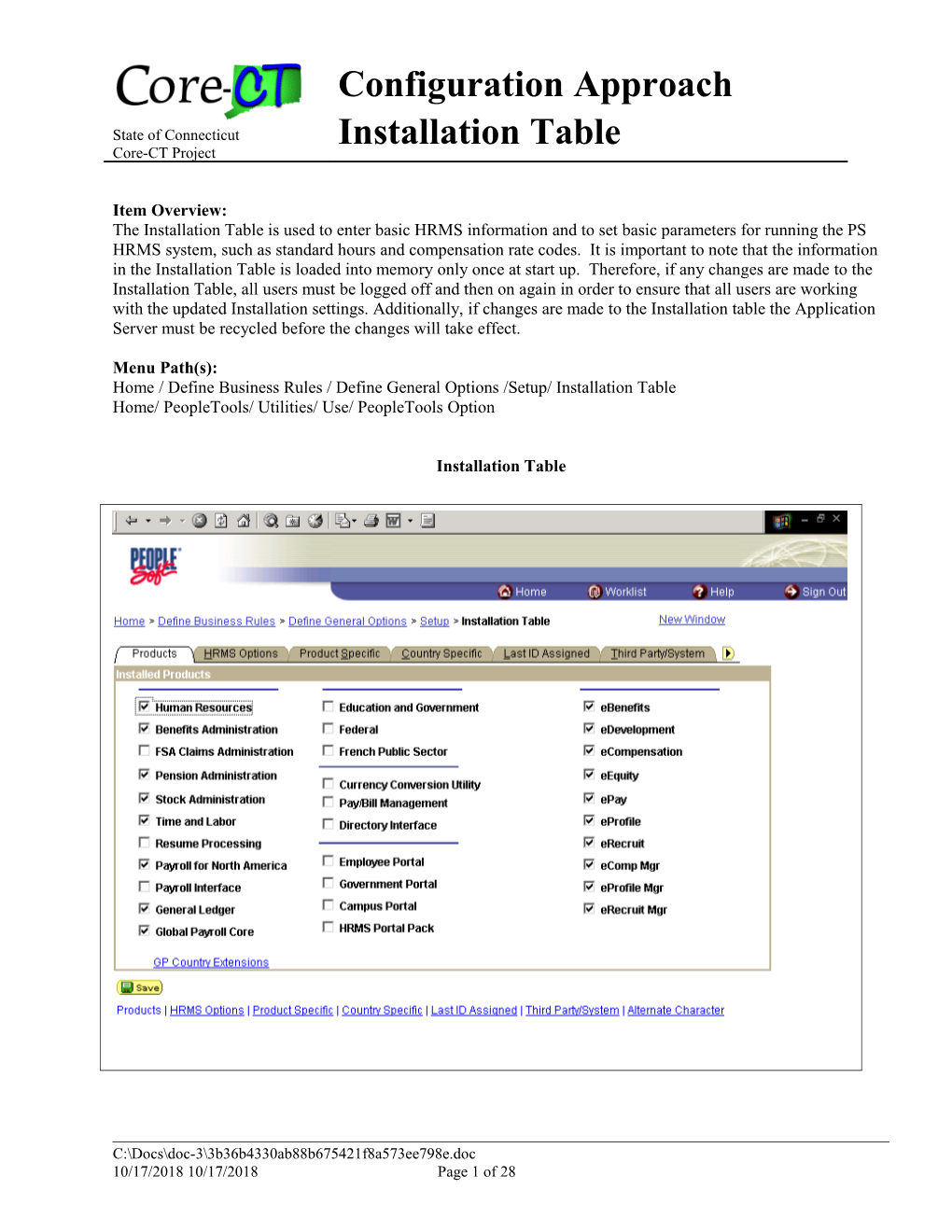 Configuration Approach - Installation Table