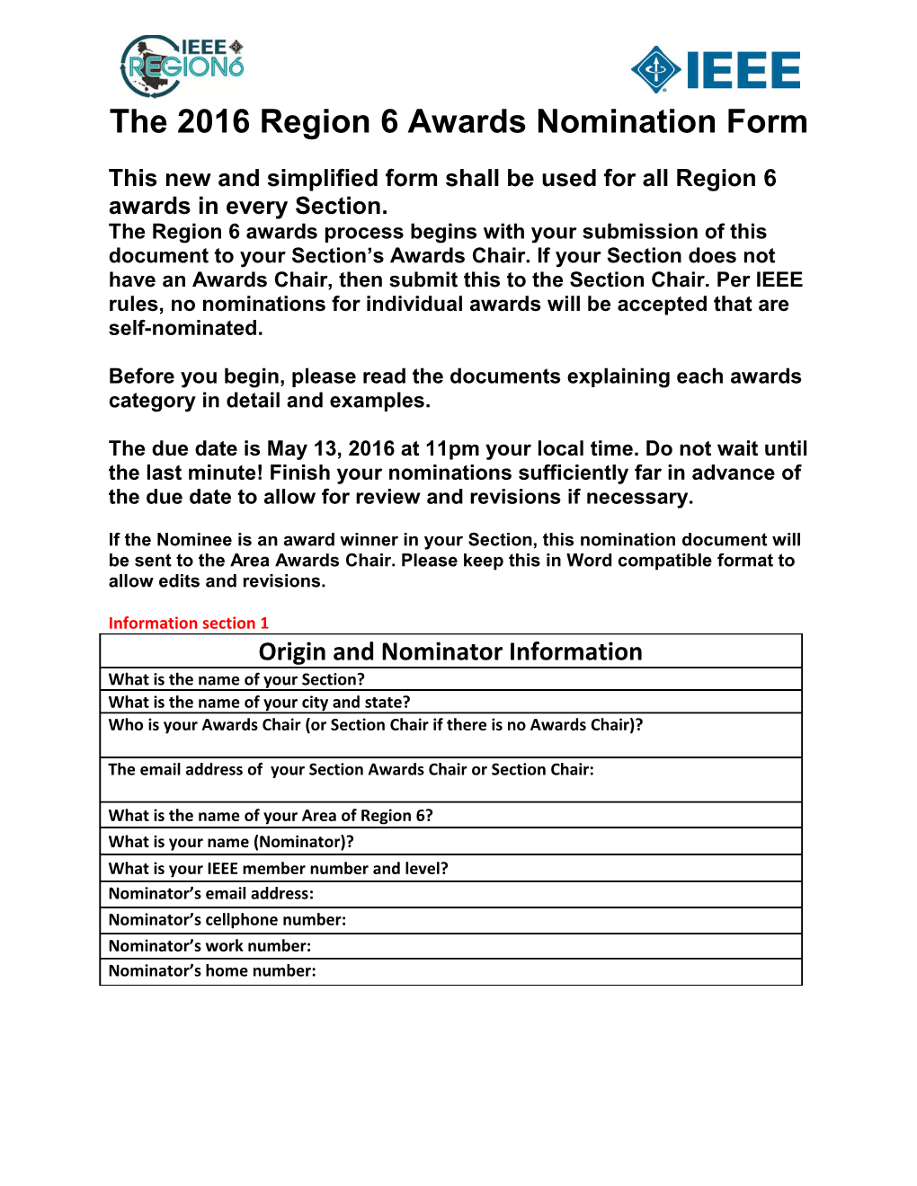 The 2016 Region 6 Awards Nomination Form