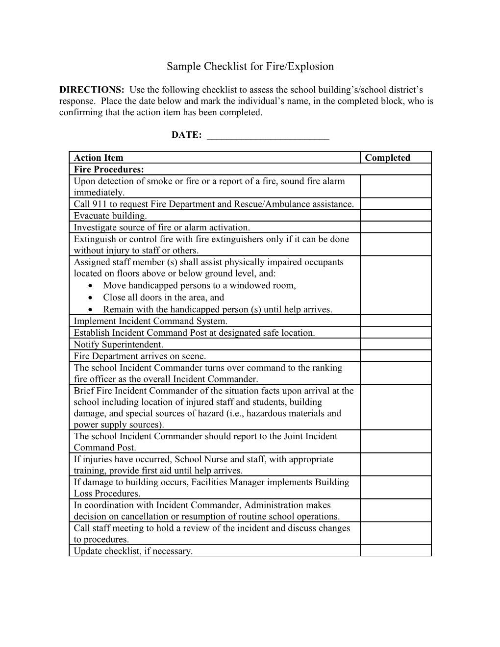 Sample Checklist for Fire/Explosion