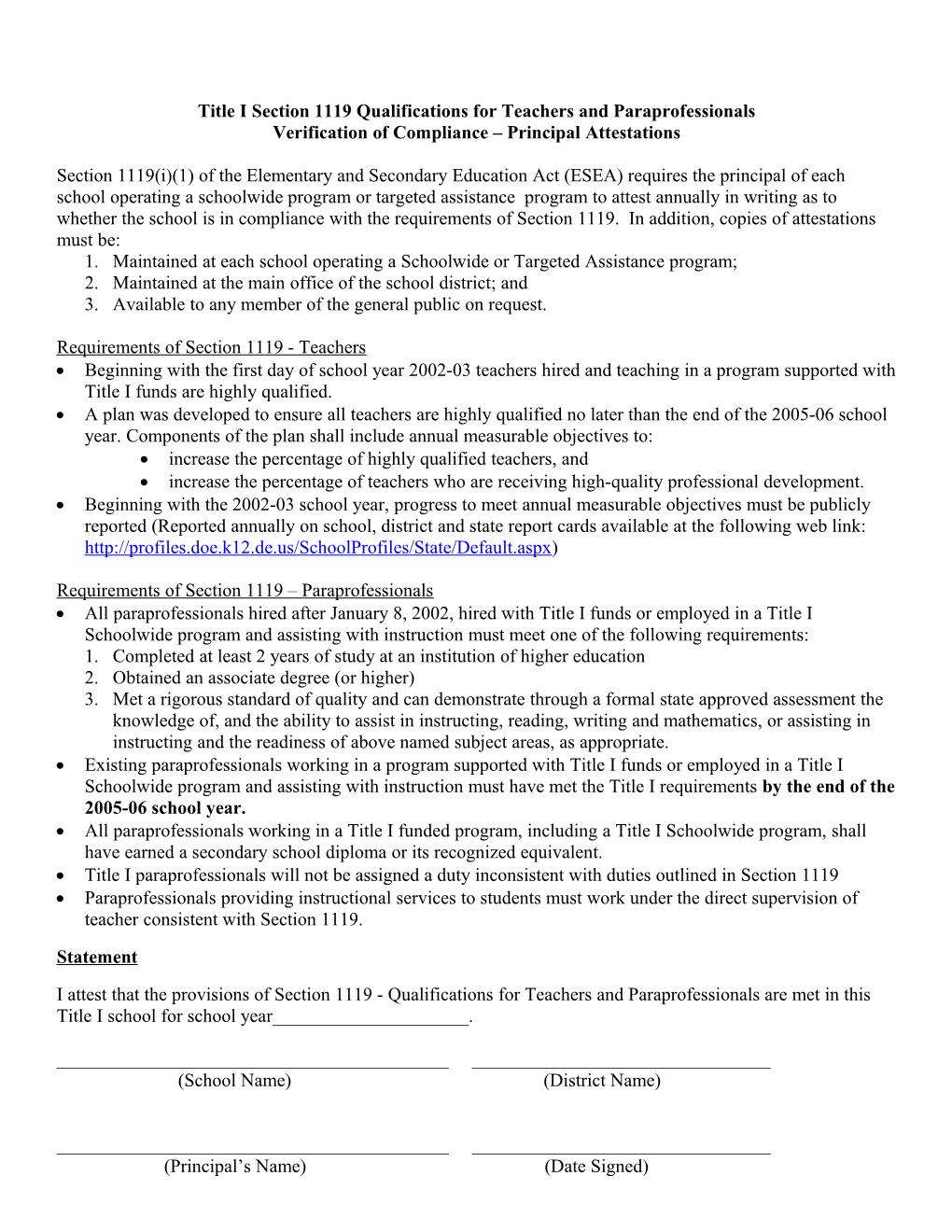 Title I Section 1119 Qualifications for Teachers and Paraprofessionals