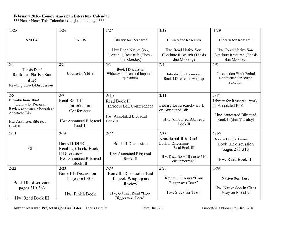 February 2016- Honors American Literature Calendar