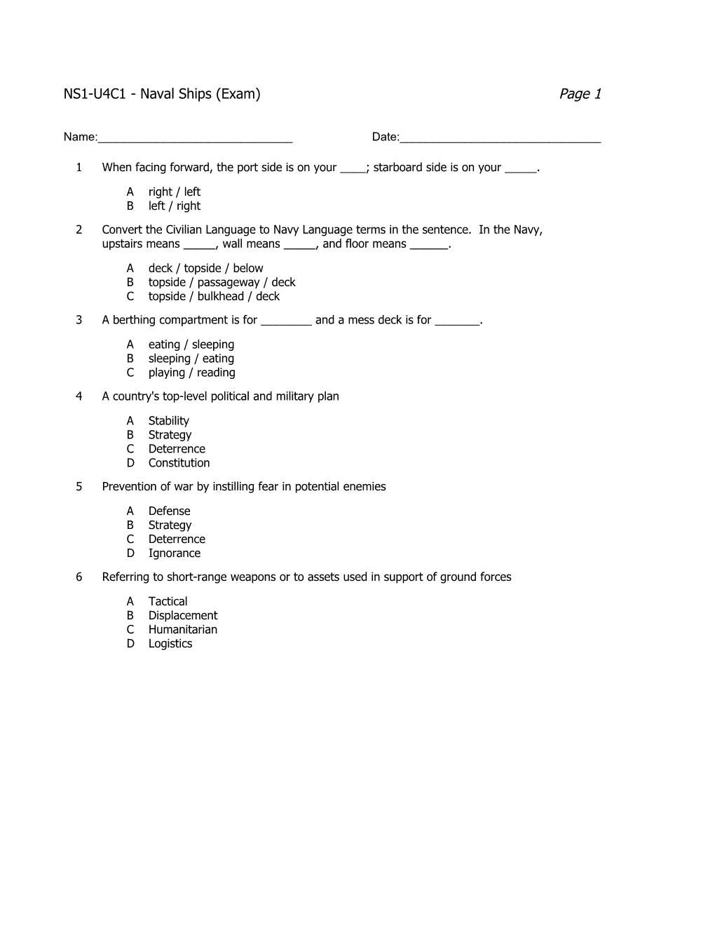 NS1-U4C1 - Naval Ships (Exam)Page 1