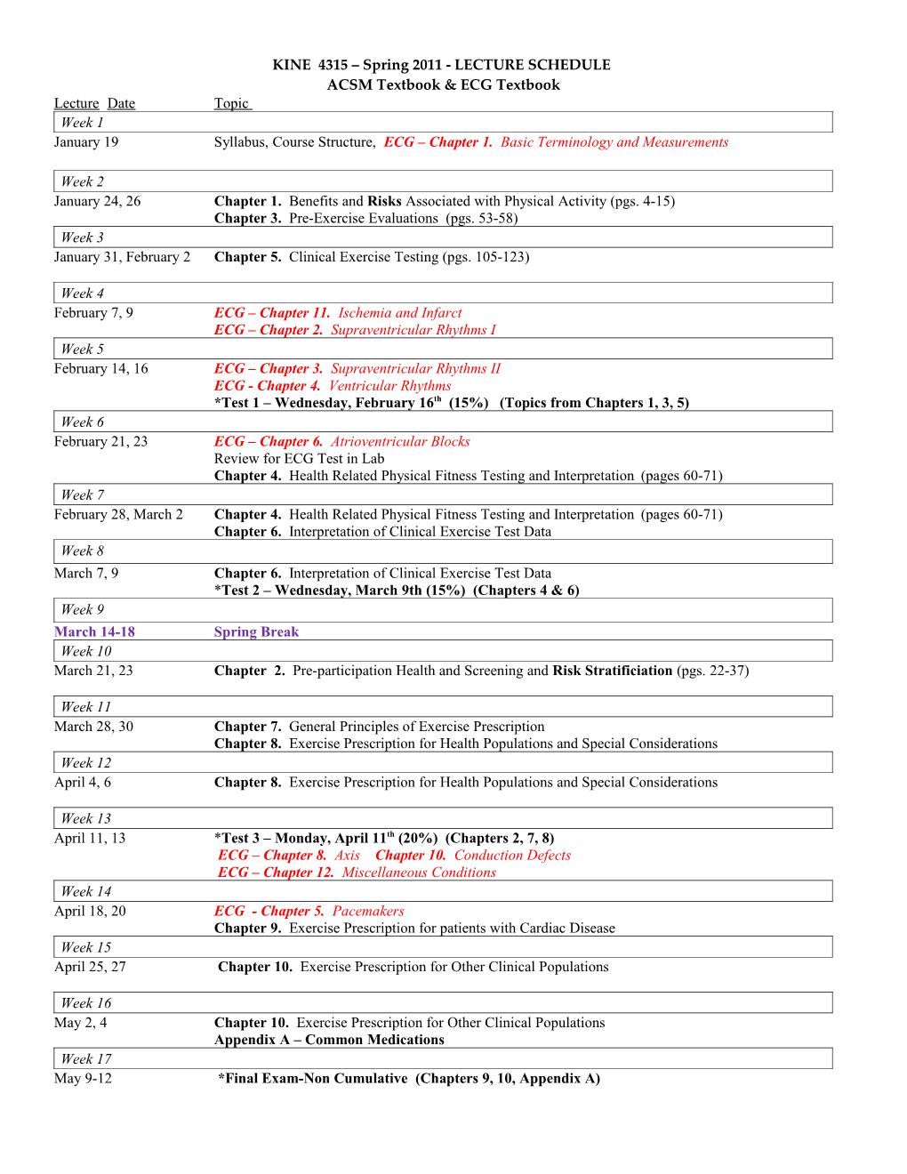 TENTATIVE EXS 460 Lecture Schedule