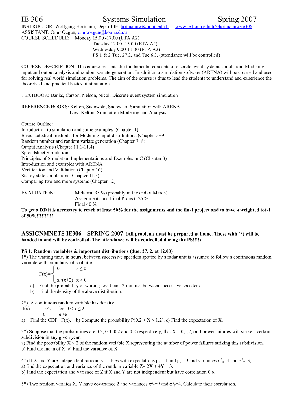 IE 306 Systems Simulationspring 2007