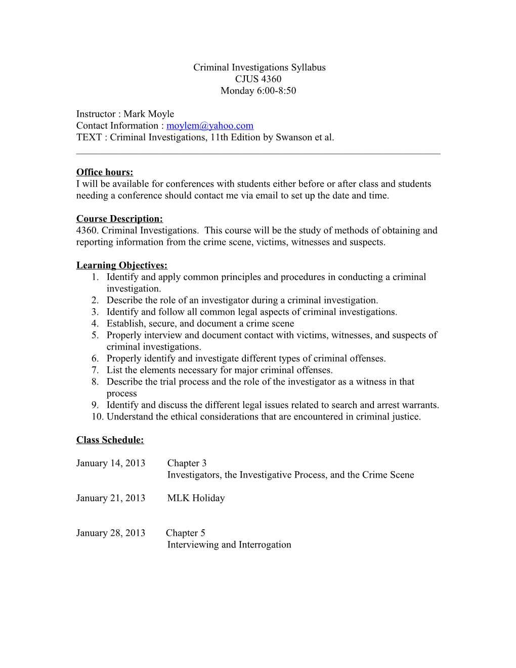 Criminal Investigations Syllabus